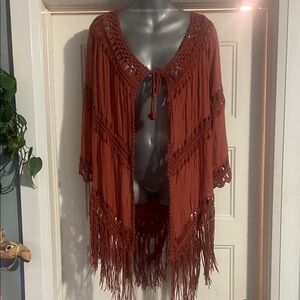 Rust Fringe Open-Front Cardigan